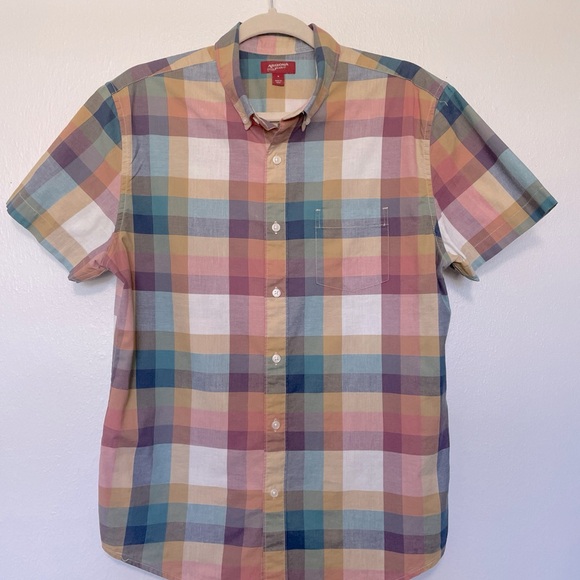 UNISEX ARIZONA JEANS MED BUTTON DN SHIRT PLAID SHORT SLEEVE COTTON FALL COLORS - Picture 1 of 10